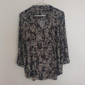 ROZ & ALI WOMEN'S TOP BLACK CREAM 1/2 BUTTON 3/4 ROLL TAB SLEEVE PLEATED SIZE 1X